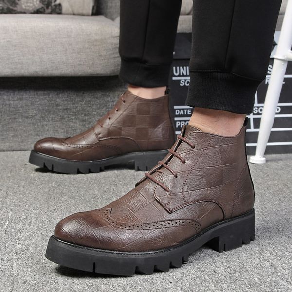 

new men pu leather ankle oxford boots british style male casual lace up derby shoes leather carved brogue shoes, Black