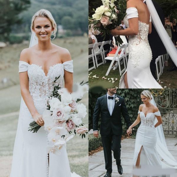 2020 mermaid wedding dresses chiffon front slit covered buttons elegant off the shoulder plus size country wedding gown vestido de novia, White
2020 mermaid wedding dresses chiffon front slit covered buttons elegant off the shoulder plus size country wedding gown vestido de novia, White