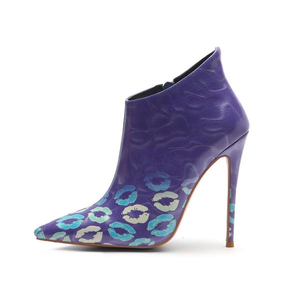 carole levy 2019 april pointed toe kiss printed thin heels super star t-stage show stilettos ankle short boots, Black
carole levy 2019 april pointed toe kiss printed thin heels super star t-stage show stilettos ankle short boots, Black