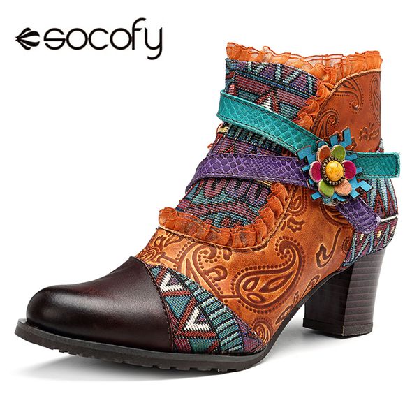 socofy genuine leather splicing retro ankle boots for women shoes woman patchwork lace knight boots zipper block heels botas new, Black 
socofy genuine leather splicing retro ankle boots for women shoes woman patchwork lace knight boots zipper block heels botas new, Black
