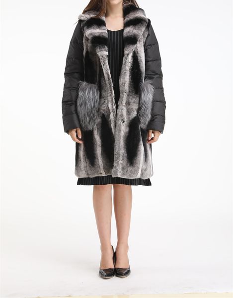 womens real rex rabbit fur chinchilla color coat with down sleeve with silver fox fur pocket, Black
womens real rex rabbit fur chinchilla color coat with down sleeve with silver fox fur pocket, Black