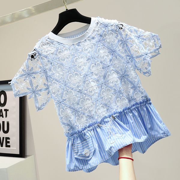 cutout waist hugging short sleeve lace shirt female 2020 summer temperament pleated stitching striped shirt women blouse blusas, White
cutout waist hugging short sleeve lace shirt female 2020 summer temperament pleated stitching striped shirt women blouse blusas, White