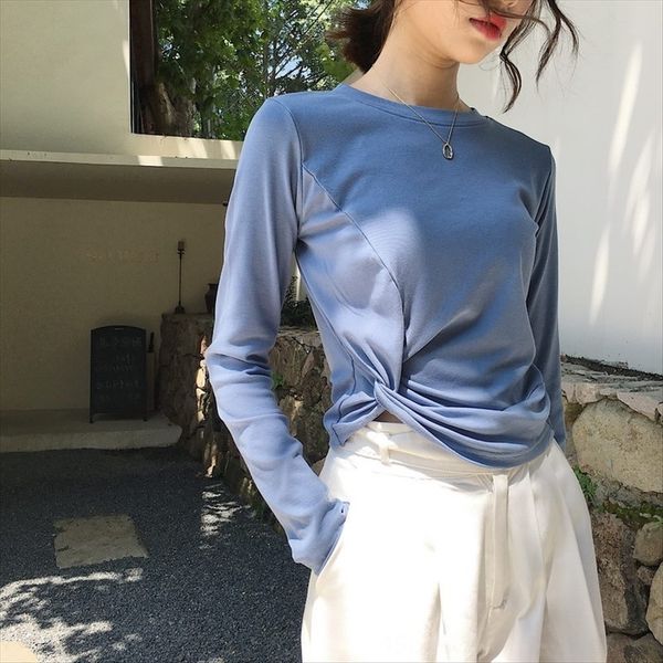 qiu kuansong slim solid color knotted long-sleeved t-shirt female ins fashionable short lazy style bf base shirt, White
qiu kuansong slim solid color knotted long-sleeved t-shirt female ins fashionable short lazy style bf base shirt, White
