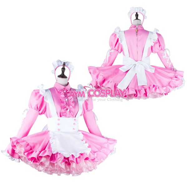 lockable pink sissy maid mini dress, Black;red