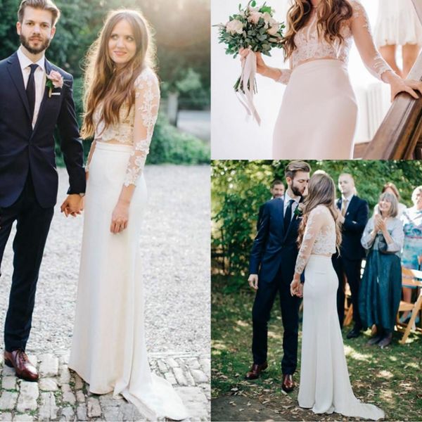 two pieces lace wedding dresses long illusion sleeves sheer jewel neck satin sheath illusion back brides dresses custom made, White
two pieces lace wedding dresses long illusion sleeves sheer jewel neck satin sheath illusion back brides dresses custom made, White