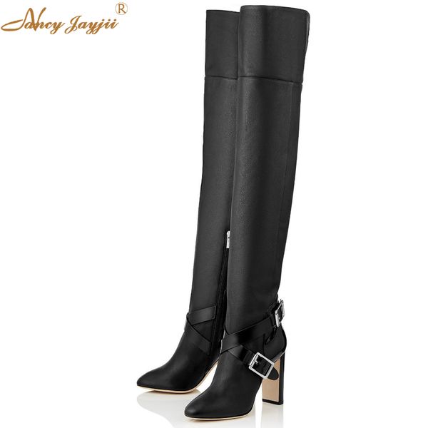 woman's strap and buckle genuine cow leather over the knee boots winter pointy toe zipper fashion shoes square heel 12 cm, Black
woman's strap and buckle genuine cow leather over the knee boots winter pointy toe zipper fashion shoes square heel 12 cm, Black
