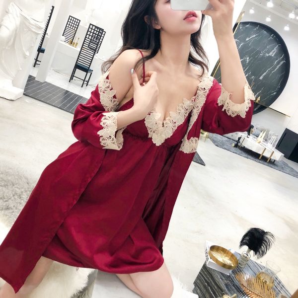 women rayon lace robe gown set spring autumn bathrobe set 2 pieces solid kimono nightdress lace sleepwear nightwear, Black;red
women rayon lace robe gown set spring autumn bathrobe set 2 pieces solid kimono nightdress lace sleepwear nightwear, Black;red