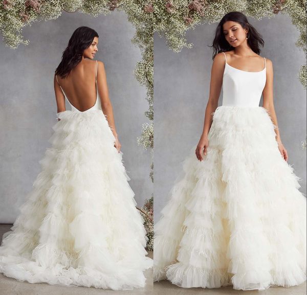 a line wedding dress spaghetti sleeveless backless tiers feathers tulle wedding dresses floor length boho bridal gowns, White
a line wedding dress spaghetti sleeveless backless tiers feathers tulle wedding dresses floor length boho bridal gowns, White