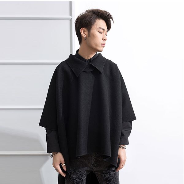 front short back long turtleneck extra long turtleneck men's wool coat cloak fashion loose thin cape, Black
front short back long turtleneck extra long turtleneck men's wool coat cloak fashion loose thin cape, Black