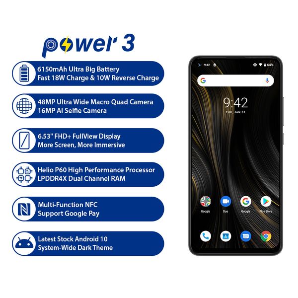 umidigi power 3 phone android 10 48mp quad ai camera 6150mah 6.53" fhd+4gb 64gb helio p60 global version smartphone nfc pre-sale
umidigi power 3 phone android 10 48mp quad ai camera 6150mah 6.53" fhd+4gb 64gb helio p60 global version smartphone nfc pre-sale