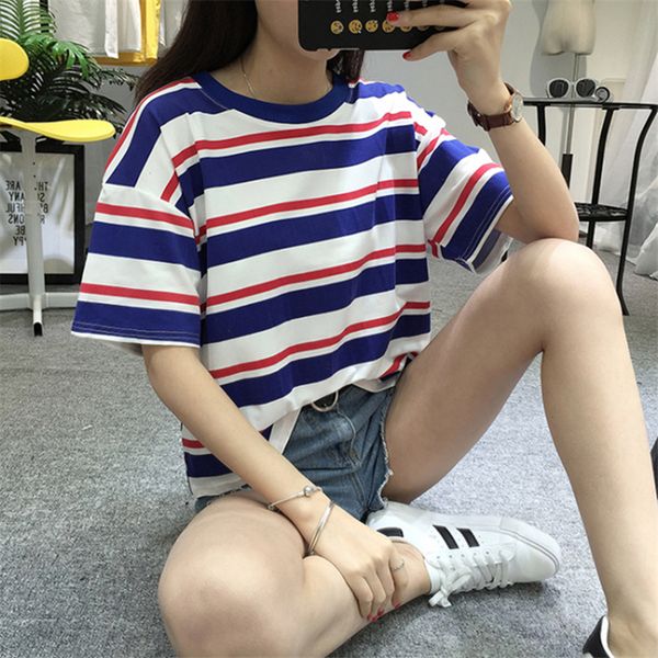woman shirt women clothes harajuku 2019 summer fashion hit color striped loose cute casual t shirt girls street for women xl, White 
woman shirt women clothes harajuku 2019 summer fashion hit color striped loose cute casual t shirt girls street for women xl, White