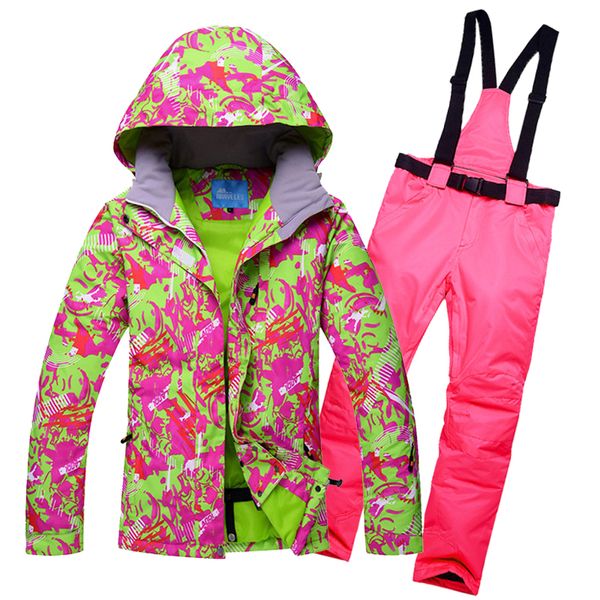 women snowboarding jacket +pant female snowboard jacket and trousers waterproof breathable winter thick coat and trousers women