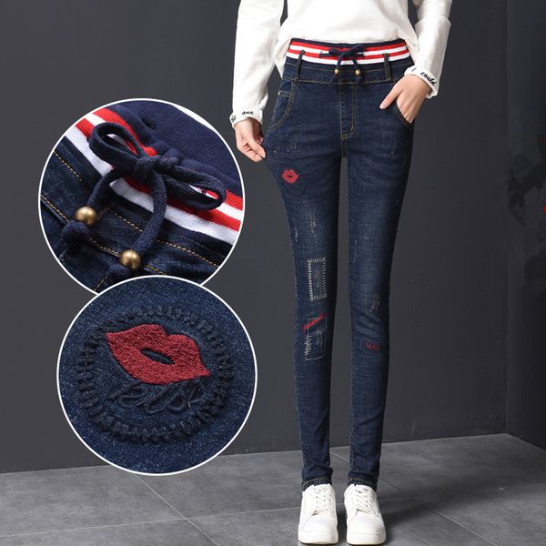 fashion embroidered high waist jeans female 2019 autumn winter korean elastic waist thin contrast color pocket denim pants women, Blue
fashion embroidered high waist jeans female 2019 autumn winter korean elastic waist thin contrast color pocket denim pants women, Blue