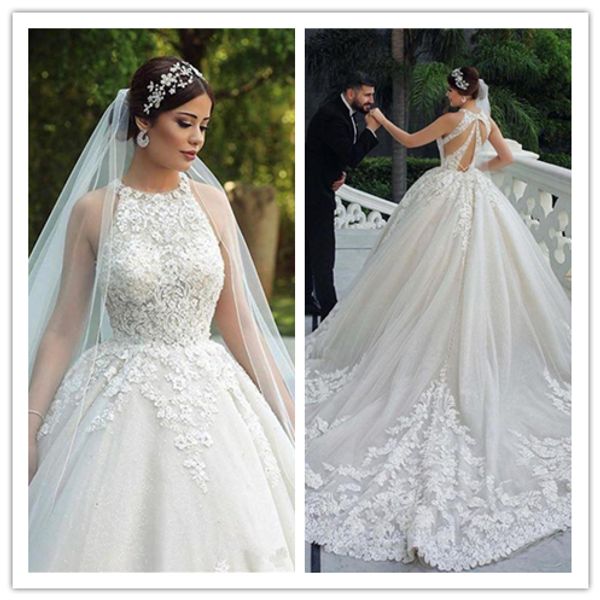 2020 luxury lace appliqued ball gown wedding dresses vintage halter plus size open back bridal gown vestidos de noiva, White
2020 luxury lace appliqued ball gown wedding dresses vintage halter plus size open back bridal gown vestidos de noiva, White