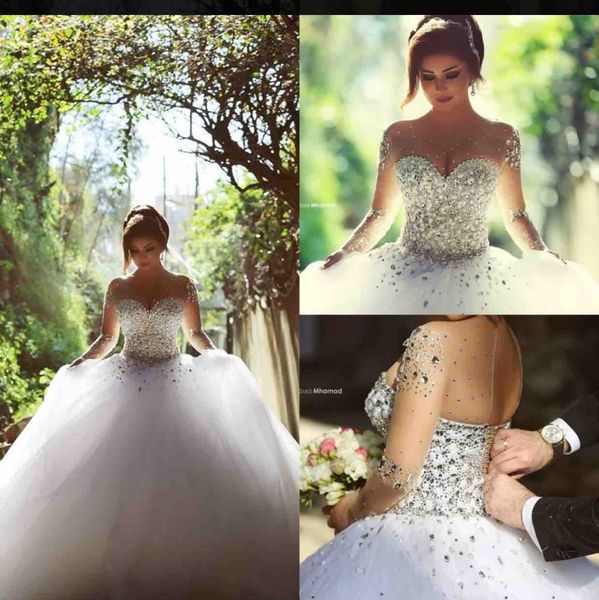 major beading muslim wedding dresses with sheer neckline crystals illusion sleeves lace up back plus size wedding dress sweep train, White
major beading muslim wedding dresses with sheer neckline crystals illusion sleeves lace up back plus size wedding dress sweep train, White