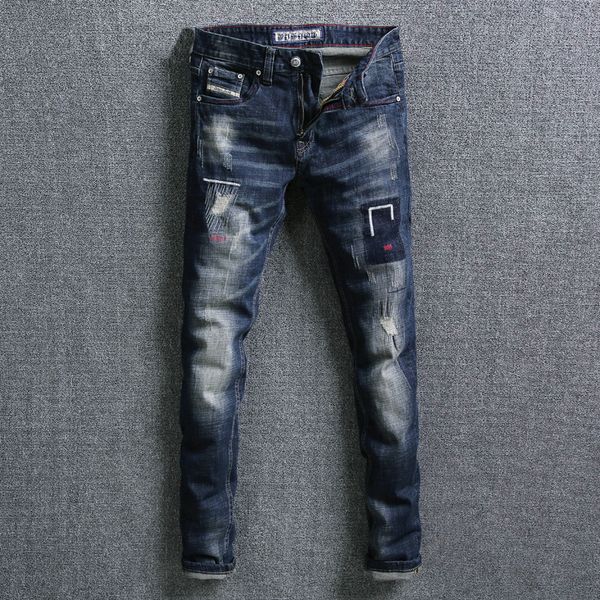 fashion streetwear men jeans retro blue slim fit elastic ripped jeans embroidery patchwork distressed pants hip hop men 
fashion streetwear men jeans retro blue slim fit elastic ripped jeans embroidery patchwork distressed pants hip hop men