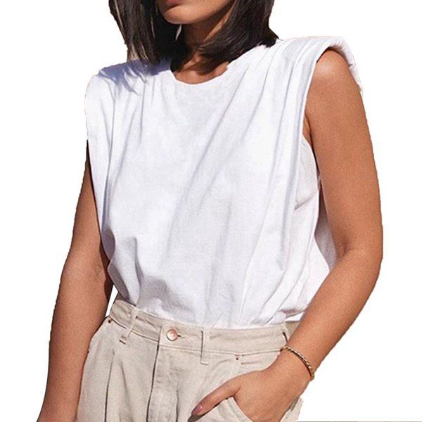 ladies casual loose t-shirts sleeveless crew neck cotton vest, White