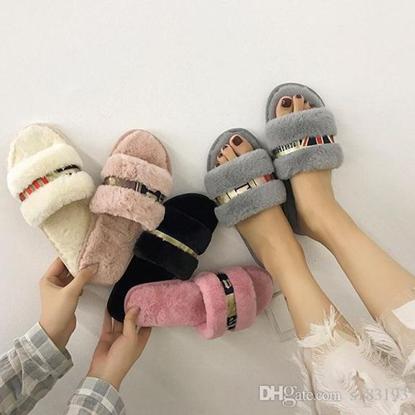 fur slippers female 2019 autumn and winter new ribbon female winter home warm flat slip wear-resistant word slippers, Black