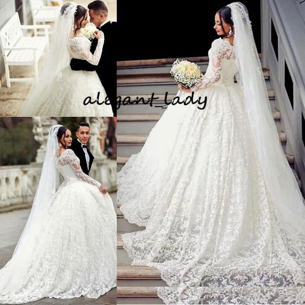 bustle ball gown lace wedding dresses arabic style appliques off the shoulder sheer long sleeves wedding gowns with long train bridal gowns, White
bustle ball gown lace wedding dresses arabic style appliques off the shoulder sheer long sleeves wedding gowns with long train bridal gowns, White