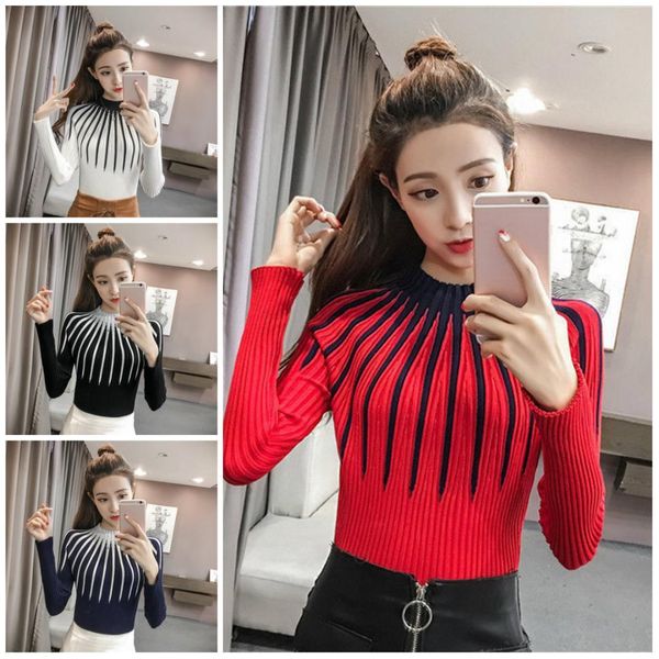 women slim korean stripes pullovers autumn winter long-sleeved turtleneck knitted jumper harajuku outwear, Black
women slim korean stripes pullovers autumn winter long-sleeved turtleneck knitted jumper harajuku outwear, Black