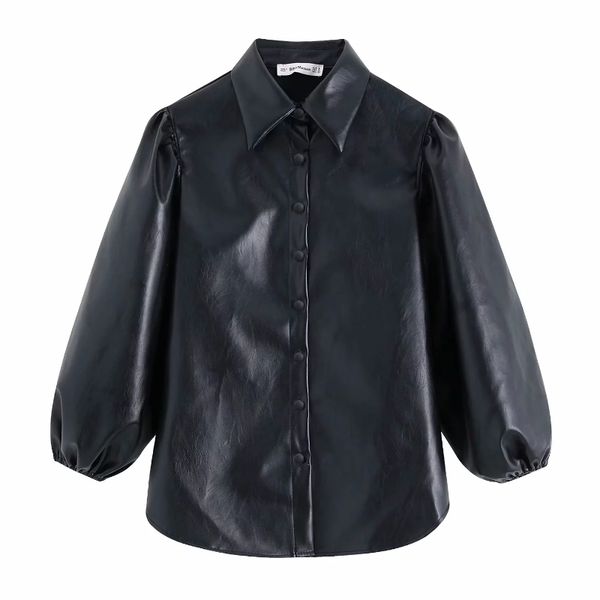women vintage pu leather lantern sleeve black blouses shirts women chi single breasted casual blusas retro chemise ls4177, White
women vintage pu leather lantern sleeve black blouses shirts women chi single breasted casual blusas retro chemise ls4177, White