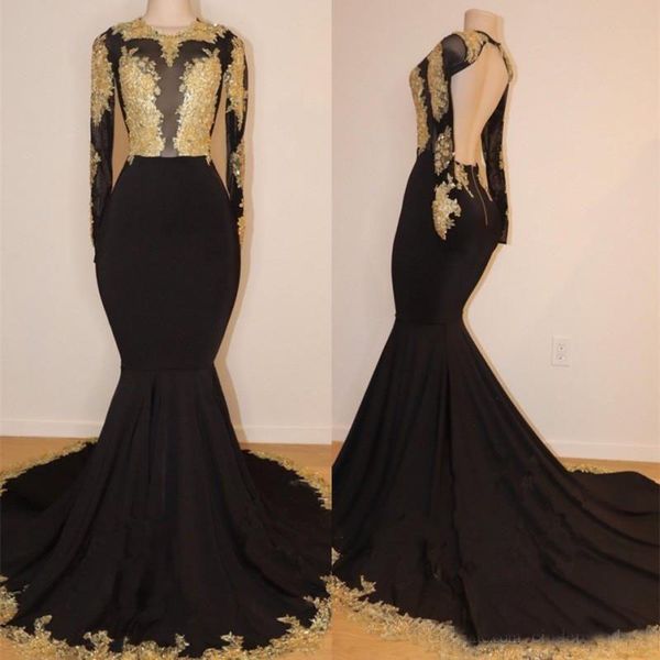 2019 Hot African Black and Gold Mermaid Prom Dresses High Neck Gold Lace Appliques See Through Open Back Long Sleeves Evening Gowns
2019 Hot African Black and Gold Mermaid Prom Dresses High Neck Gold Lace Appliques See Through Open Back Long Sleeves Evening Gowns