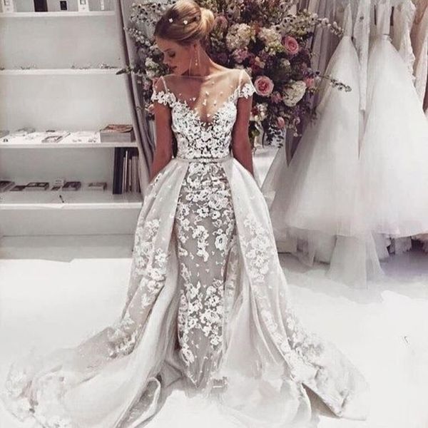 cap sleeve mermaid wedding dresses with overskirt 2020 lace illusion applique open back garden beach bride dress vestiti da sposa a sirena, White
cap sleeve mermaid wedding dresses with overskirt 2020 lace illusion applique open back garden beach bride dress vestiti da sposa a sirena, White