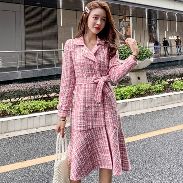 2019 winter plaid tweed fishtail bottom double breasted sashes slim think long woolen coat, Black
2019 winter plaid tweed fishtail bottom double breasted sashes slim think long woolen coat, Black