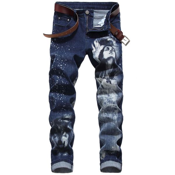 men's slim color print stretch jeans 3d beauty wolf print trousers, Blue
men's slim color print stretch jeans 3d beauty wolf print trousers, Blue