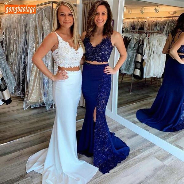 trendy white two pieces mermaid evening dresses lace applique v neck evening gowns backless sweep train side split formal dress, White;black
trendy white two pieces mermaid evening dresses lace applique v neck evening gowns backless sweep train side split formal dress, White;black
