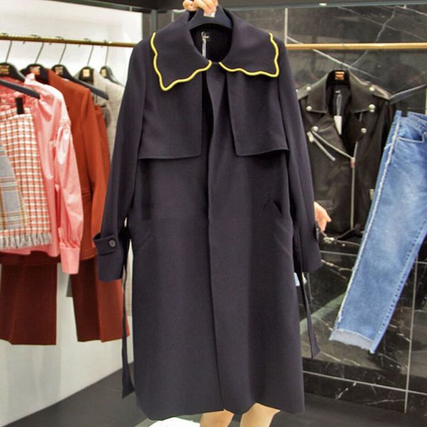 2019 spring and autumn new korean version of dark blue tie waist long coat navy woman sashes turn-down collar black coat, Tan;black
2019 spring and autumn new korean version of dark blue tie waist long coat navy woman sashes turn-down collar black coat, Tan;black