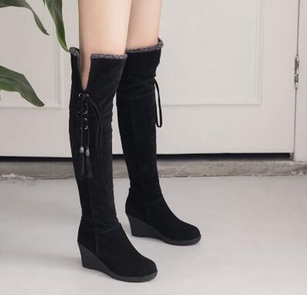 autumn and winter slope with round knee high boots lace tassel women boots double plush size 34-44, Black
autumn and winter slope with round knee high boots lace tassel women boots double plush size 34-44, Black