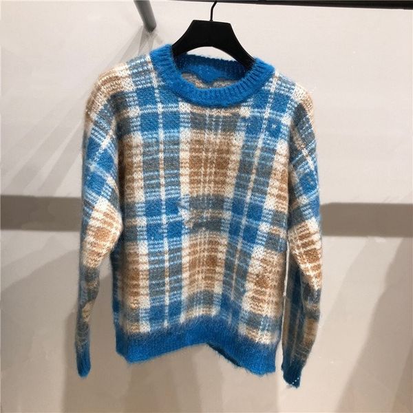 women sweater 2019 autumn winter new mohair blue plaid puzzle round neck long sleeve wool women's sweater, White;black
women sweater 2019 autumn winter new mohair blue plaid puzzle round neck long sleeve wool women's sweater, White;black