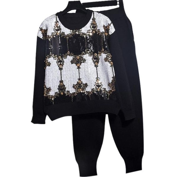 осень зима женского брючных костюмов мода бисер свитер + трикотажные брюки два бюстия, White
осень зима женского брючных костюмов мода бисер свитер + трикотажные брюки два бюстия, White