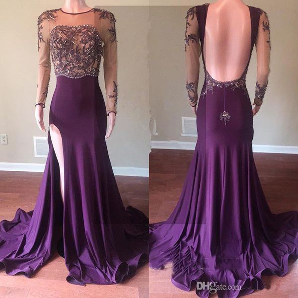 elegant purple prom dresses mermaid evening gowns with long sleeves side split beads crystal backless formal party dresses, Black;red
elegant purple prom dresses mermaid evening gowns with long sleeves side split beads crystal backless formal party dresses, Black;red