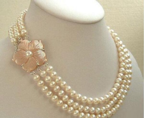 necklace +++ 3 rows genuine 7-8 mm white pearl 18kwgp shell flower clasp necklace, Silver
necklace +++ 3 rows genuine 7-8 mm white pearl 18kwgp shell flower clasp necklace, Silver