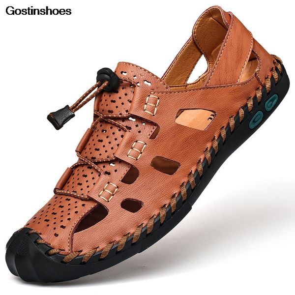 sandals shoes man menias large size hollow out casual anti slip handmade cow leather, Black