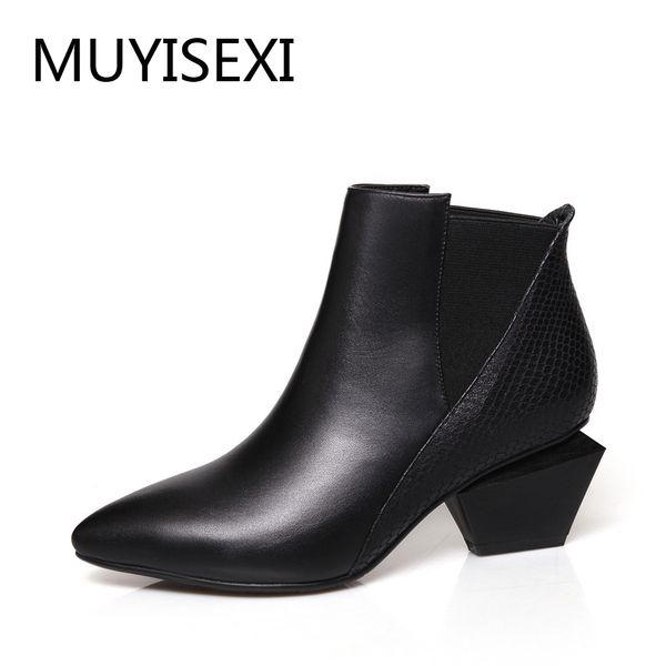 chunky heels boots autumn ankle boots for women genuine leather mixed color pointed toe irregular square heels x019 muyisexi, Black
chunky heels boots autumn ankle boots for women genuine leather mixed color pointed toe irregular square heels x019 muyisexi, Black