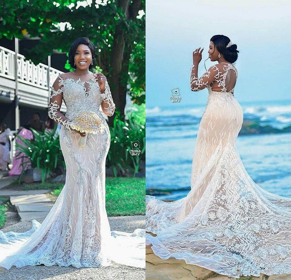 luxury plus size mermaid wedding dresses 2020 sheer jewel neck full lace applique beach holiday bride castle wedding gowns, White
luxury plus size mermaid wedding dresses 2020 sheer jewel neck full lace applique beach holiday bride castle wedding gowns, White