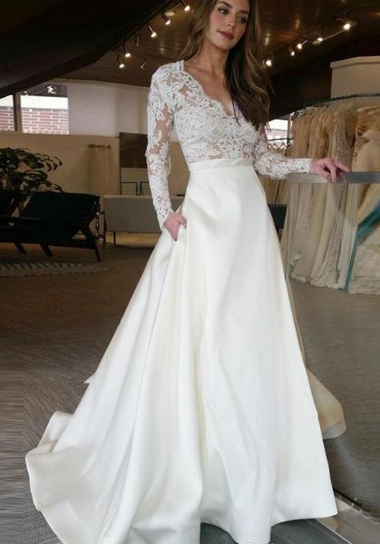 long wedding dress with illusion long sleeves lace see through skirt with pockets designer a line bridal dress wedding gowns, White
long wedding dress with illusion long sleeves lace see through skirt with pockets designer a line bridal dress wedding gowns, White