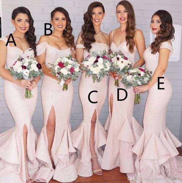 2020 light pink long sequins mermaid bridesmaid dresses off shoulder split side high prom gowns maid of honor party dress ba1593
2020 light pink long sequins mermaid bridesmaid dresses off shoulder split side high prom gowns maid of honor party dress ba1593