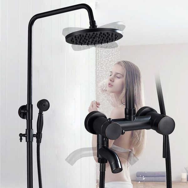 

Black Rainfall Shower Set Single Handle Swivel Waterfall Spout Bath Shower Mixer Faucet Brass Hand Shower Height Adjustab