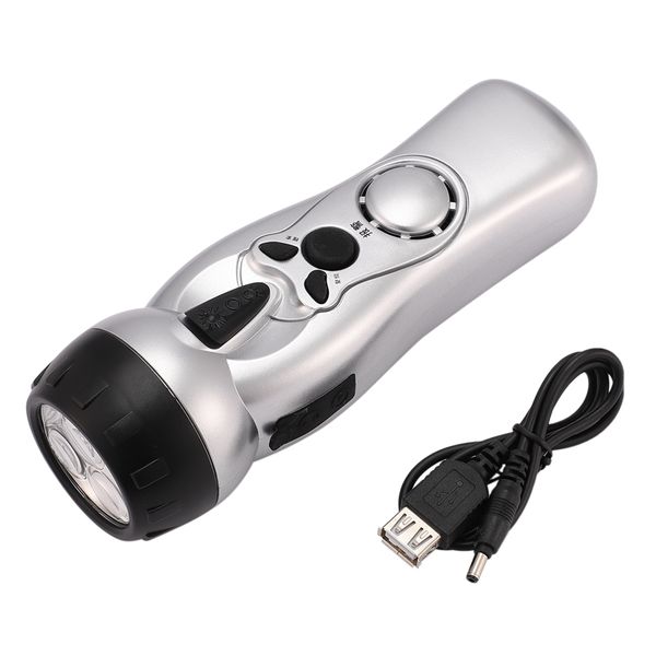 portable fm flashlight radio support led emergency lighting hand crank generator radio dynamo power supply radio-silver 
portable fm flashlight radio support led emergency lighting hand crank generator radio dynamo power supply radio-silver