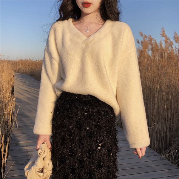 women autumn winter white velvet v neck sweater ladies cozy long sleeve pullovers loose elegant jumper solid color out wear, White;black
women autumn winter white velvet v neck sweater ladies cozy long sleeve pullovers loose elegant jumper solid color out wear, White;black