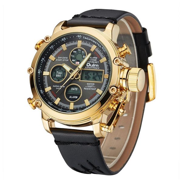 Oulm Brand Luxury Watches Men Dual Display Analog Digital Watch Male Genuine Leather Calendar Alarm Quartz Wrist Watch Man