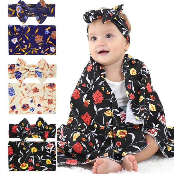 Newborn Baby Swaddling Blankets Bunny Ears Headbands 2 Pieces Set Swaddle P Wrap Cloth Floral Flower Dot Nursery Bedding Gifts D3510