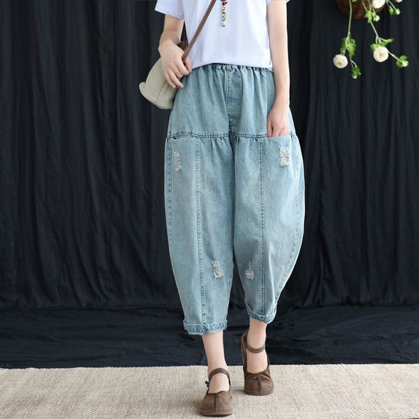 summer jeans women retro elastic waist casual denim pants new ladies loose pocket spliced vintage lantern trousers 2019, Blue
summer jeans women retro elastic waist casual denim pants new ladies loose pocket spliced vintage lantern trousers 2019, Blue