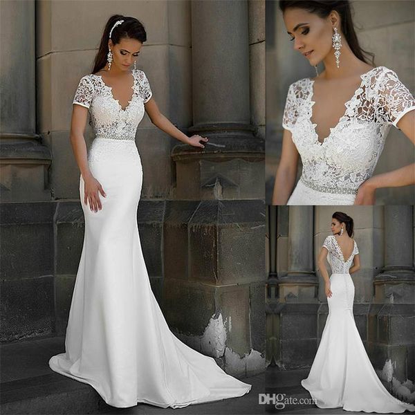 mermaid wedding dresses junoesque lace & satin v-neck neckline bridal dresses with bowknot short sleeves robe de soiree, White
mermaid wedding dresses junoesque lace & satin v-neck neckline bridal dresses with bowknot short sleeves robe de soiree, White