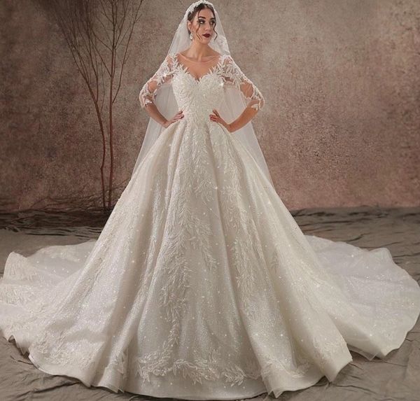 2019 luxury sparkly sequined long sleeves wedding dress vintage lace appliqued court train plus size bridal gown, White
2019 luxury sparkly sequined long sleeves wedding dress vintage lace appliqued court train plus size bridal gown, White