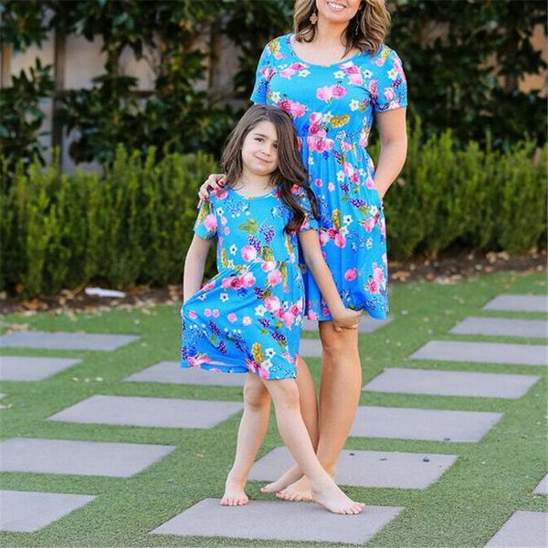 

мать и дочь платье одеть родитель-ребенок синий цветочный семейный соответствующий наряд с длинным рукавом халат femme 2019 новая горячая ра, Blue